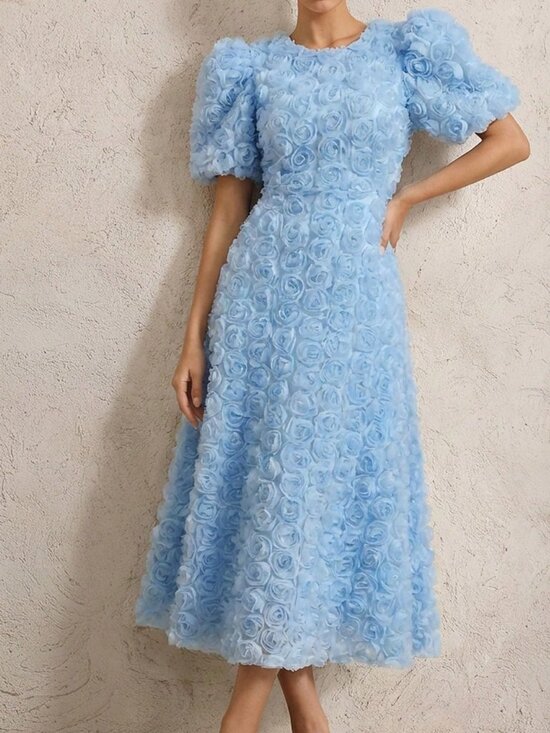 Dresses & Skirts - Blue Elegant Women's French Rose 3D V-Neck Petal Sleeve Cinched Waist Dress